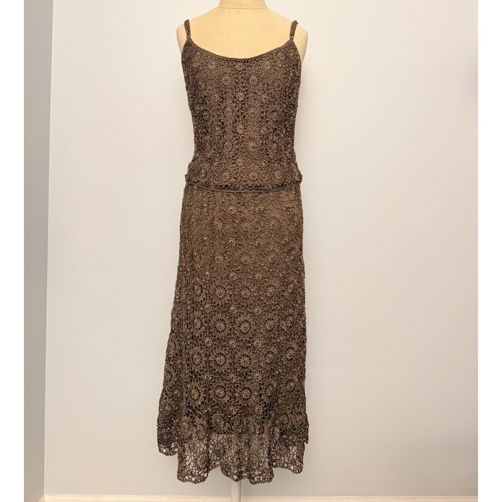 Carmen Marc Valvo Brown Crochet Glass Beaded Cami And Skirt Matching Set Size S